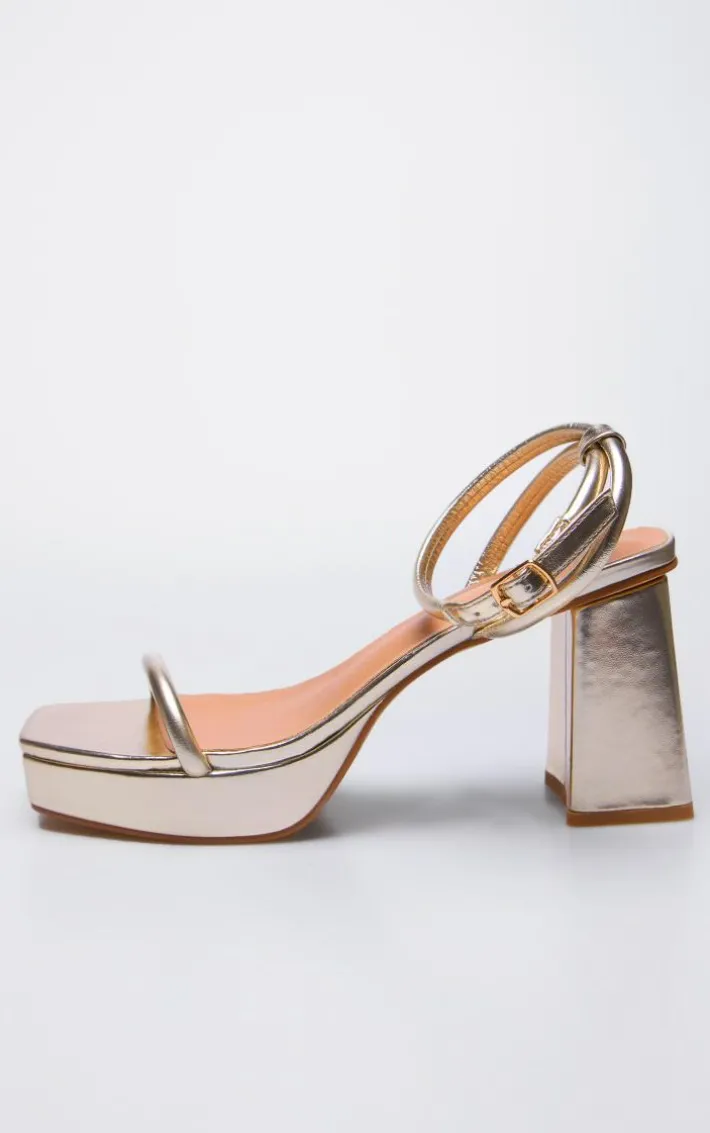 Gold PU Square Toe Tube Barely There Strap Platform Heels