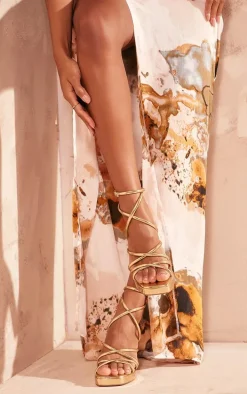 Gold PU Square Toe Tube Strap Platform Block Heeled Sandals