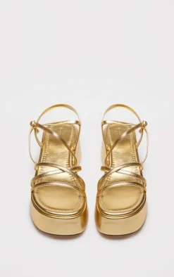 Gold PU Strappy Cut Out Flatform Sandals