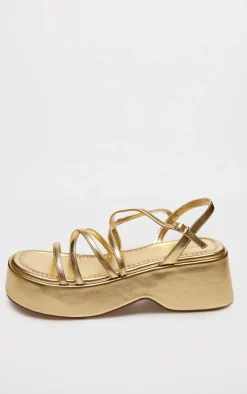 Gold PU Strappy Cut Out Flatform Sandals