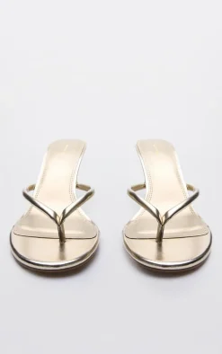 Gold PU Toe Thong Round Toe Mid Heeled Mules
