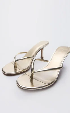 Gold PU Toe Thong Round Toe Mid Heeled Mules