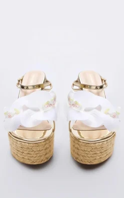 Gold PU White Flower Metallic Strap Espadrille High Heeled Wedges