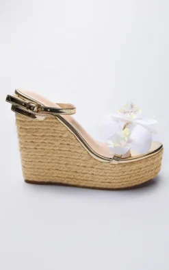 Gold PU White Flower Metallic Strap Espadrille High Heeled Wedges