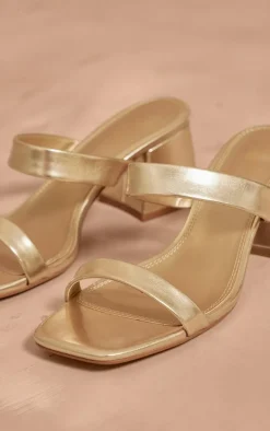 Gold PU Wide Fit Square Toe Block Heeled Mules