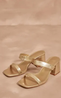 Gold PU Wide Fit Square Toe Block Heeled Mules