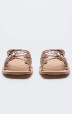 Gold Real Leather Knotted Strap Flat Sandals