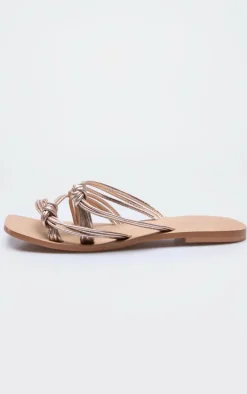 Gold Real Leather Knotted Strap Flat Sandals