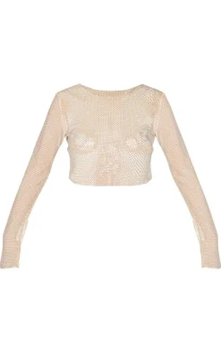 Gold Rhinestone Fishnet Long Sleeve Crew Neck Crop Top