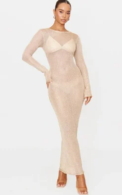 Gold Sequin Knit Long Sleeve Maxi Dress