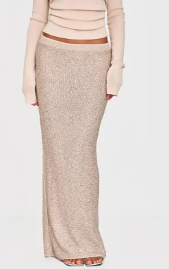 Gold Sequin Knit Low Rise Maxi Skirt
