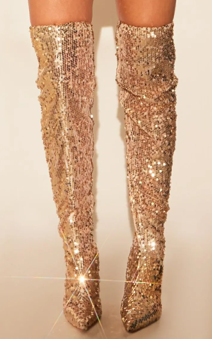 Gold Sequin Point Toe Over The Knee Heeled Boots