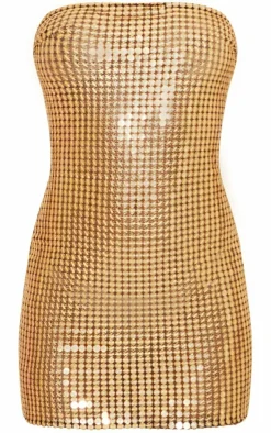 Gold Sheer Sequin Bandeau Bodycon Dress
