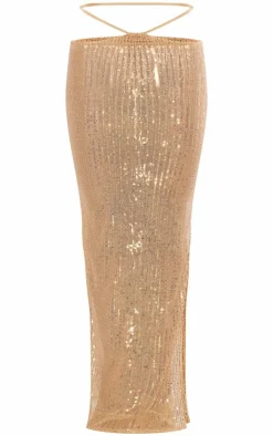 Gold Sheer Sequin Tie Waist Maxi Skirt