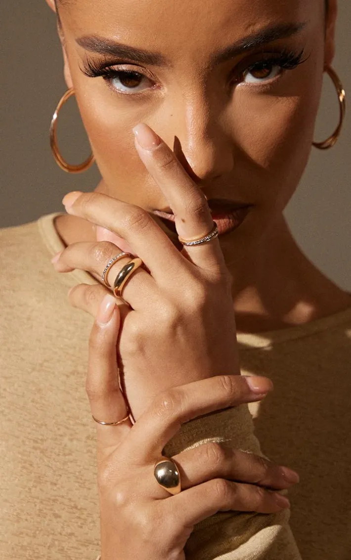 Gold Simple Curved Diamante 6 Ring Pack