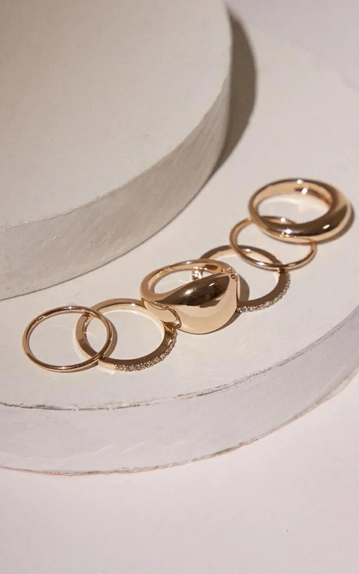 Gold Simple Curved Diamante 6 Ring Pack