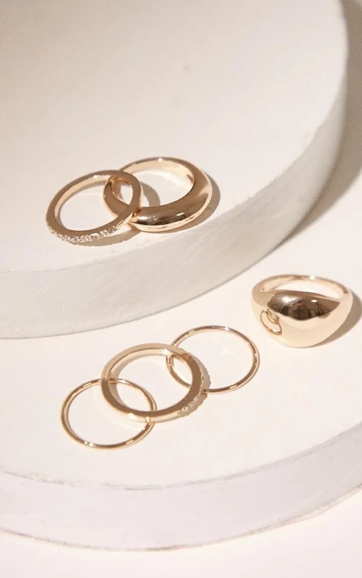Gold Simple Curved Diamante 6 Ring Pack