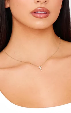 Gold Simple Dainty Diamante Cross Necklace
