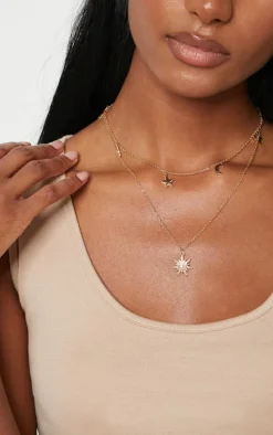 Gold Star Moon Pendant Layered Necklace