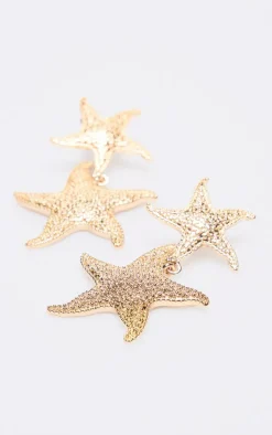Gold Starfish Detail Drop Stud Earrings
