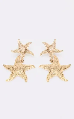 Gold Starfish Detail Drop Stud Earrings