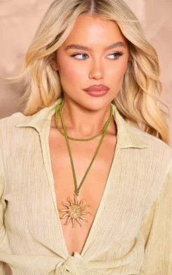 Gold Sun Detail Khaki Rope Necklace