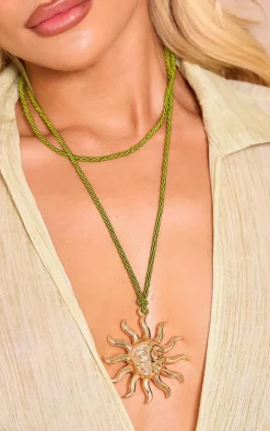 Gold Sun Detail Khaki Rope Necklace