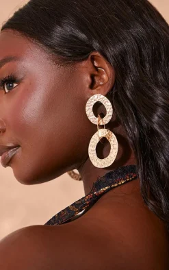 Gold Textured Link Drop Statement Earrings