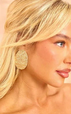 Gold Textured Oval Statement Earrings