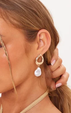 Gold Textured Pearl Drop Statement Earrings