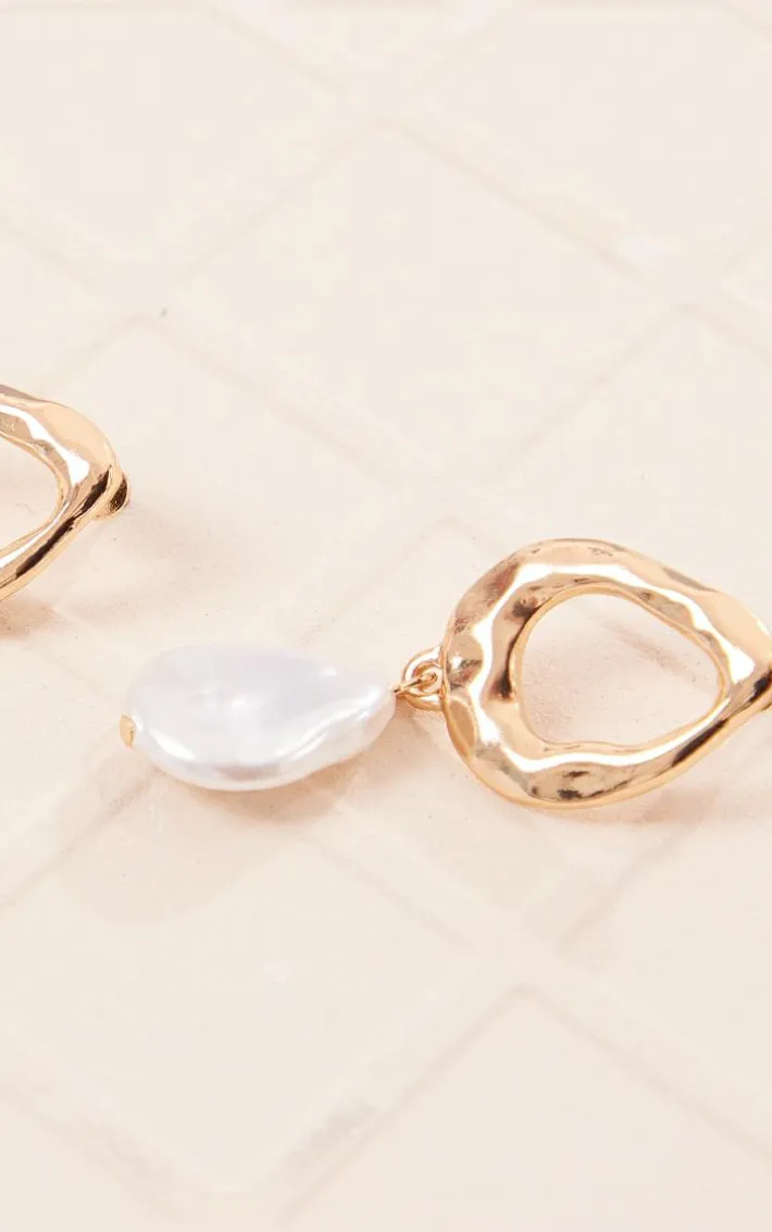 Gold Textured Pearl Drop Statement Earrings