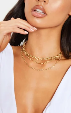 Gold Triple Chain Short Necklace
