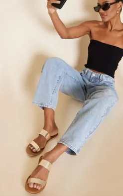 Gold Wide Fit Leather Strappy Basic Sandals