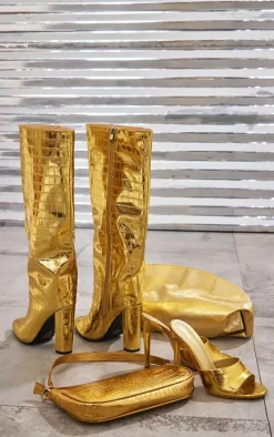 Gold Wide Fit Metallic Point Toe Croc Block High Heeled Knee Boots