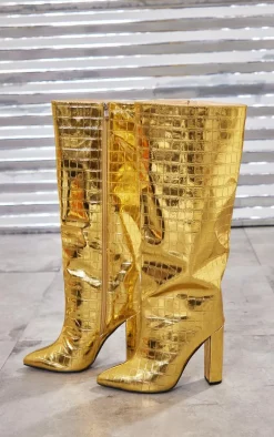 Gold Wide Fit Metallic Point Toe Croc Block High Heeled Knee Boots