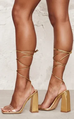 Gold Wide Fit Metallic Pu Clear Strap Block Heel Sandals