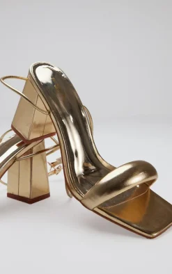 Gold Wide Fit Pu Square Toe Quilted Low Block Heeled Sandals