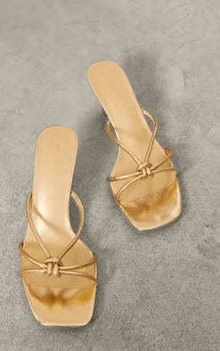 Gold Wide Fit PU Square Toe Knotted Heeled Mules