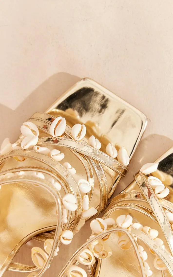 Gold Wide Fit PU Square Toe Shell Strap High Heeled Sandals