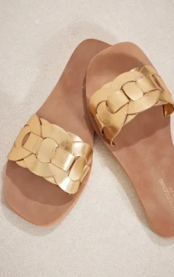 Gold Wide Fit Real Leather Round Toe Woven Thick Leather Strap Sandals