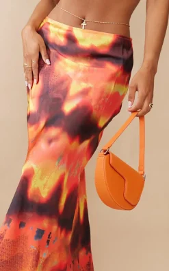 Golden Brown Tie Dye Satin Basic Maxi Skirt