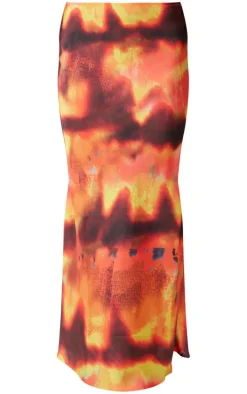 Golden Brown Tie Dye Satin Basic Maxi Skirt