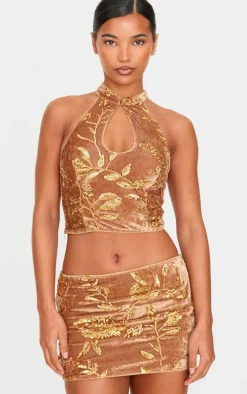 Golden Olive Velvet Floral Sequin Embellished Micro Mini Skirt