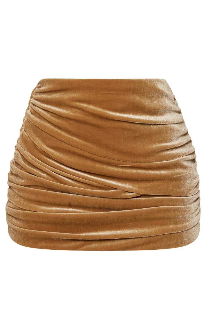 Golden Olive Velvet Ruched Mini Skirt