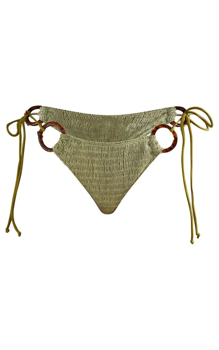 Green Textured Tie Side Bikini Bottoms