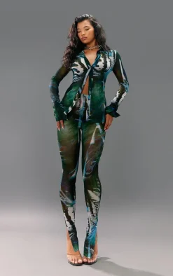 Green Abstract Floral Printed Mesh Leggings