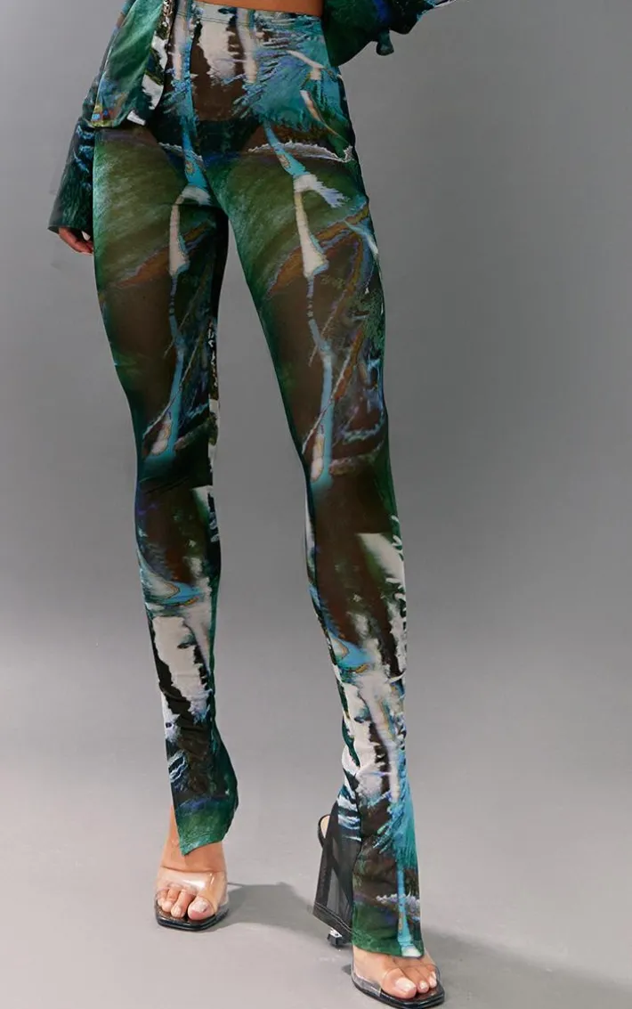 Green Abstract Floral Printed Mesh Leggings