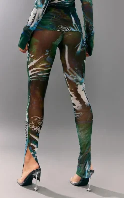 Green Abstract Floral Printed Mesh Leggings