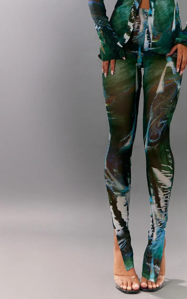 Green Abstract Floral Printed Mesh Leggings