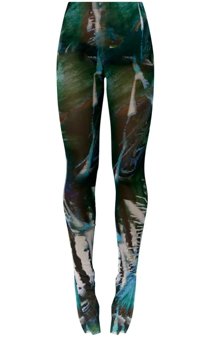 Green Abstract Floral Printed Mesh Leggings
